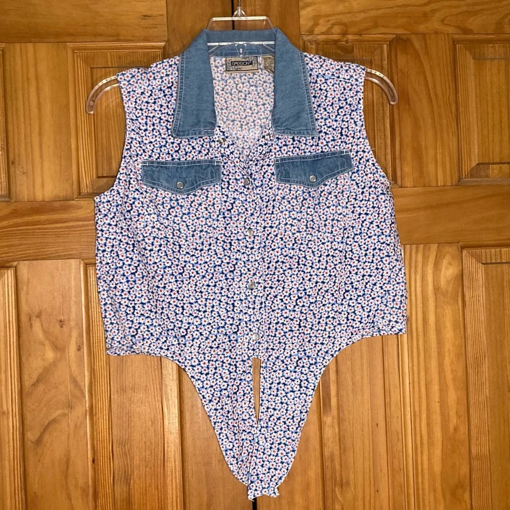 NWOT Sasson Vintage 80s 90s Crop Top Waist Tie Sleeveless Blouse Blue Pink Large